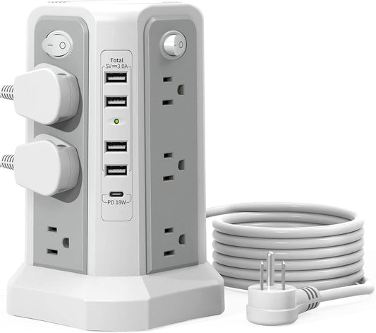 Surge Protector Tower Power Bar with USB C 18W Fast Charging Port, 10FT Extension Cord with 12 AC Outlets, and 5 USB Charging Ports, Power Bars Tower Surge Protection for Home Office DormRoom