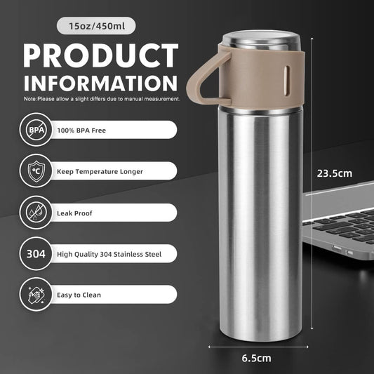 Coffee Thermos Stainless Steel Vacuum-Insulated Water Bottle, 500ml/16.9oz Insulated Bottle with Cup for Hot & Cold Drink Travel Mug (Brown, Three Cup)