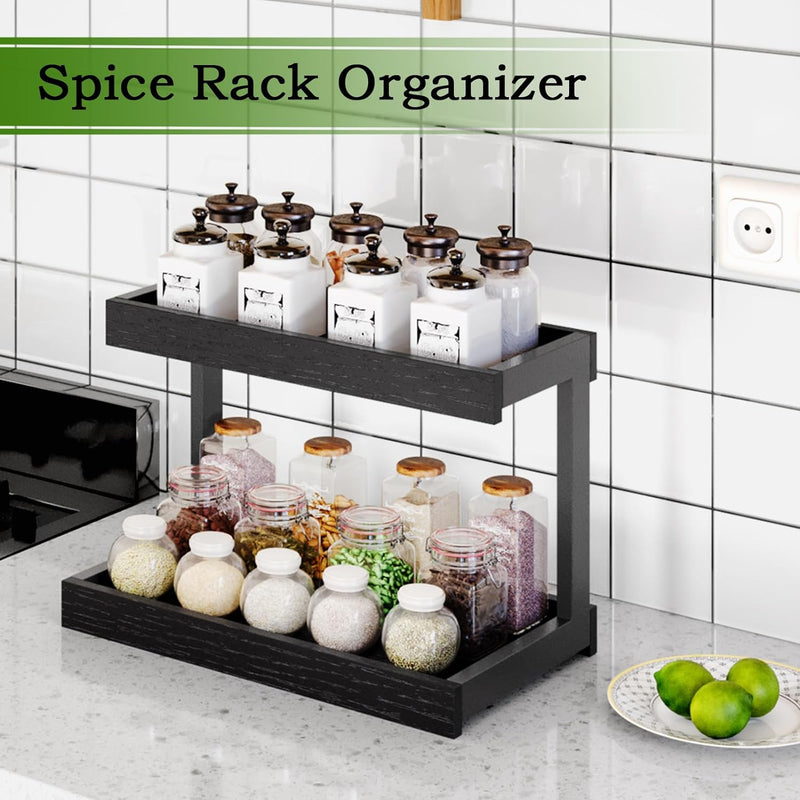 2 Tier Spice Rack Organizer for Countertop, 15.8''L Coffee Station/Bathroom Organizer Countertop, Counter Shelf Desktop Storage Organizer for Kitchen, Bedroom, Office (Black)