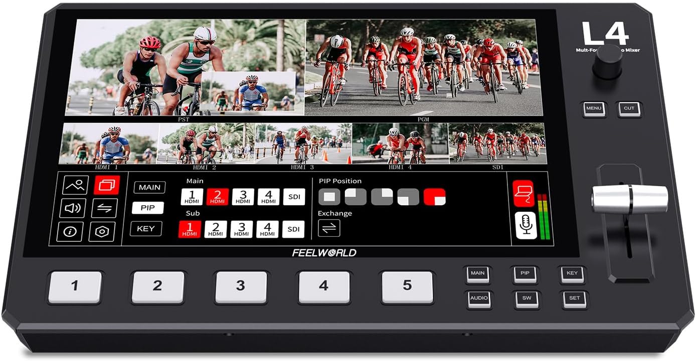 FEELWORLD L4 10.1 Inch Touch Screen Video Switcher 10.1 inch Touchscreen, Real-time Preview 5 Input Sources PST PGM and Operation Interface