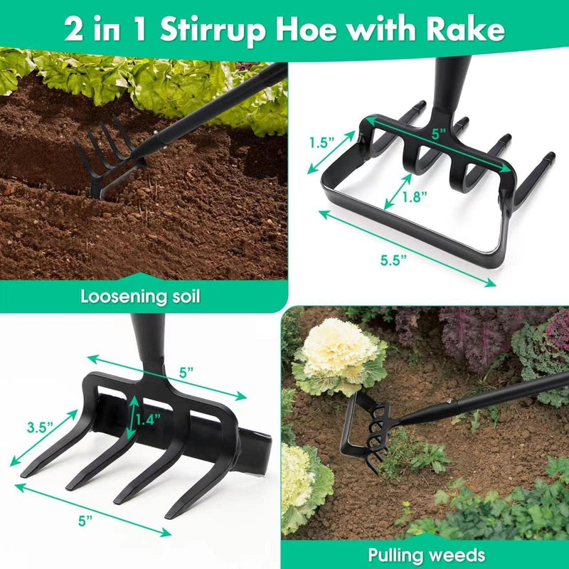 Stirrup Hoe and Cultivator for Weeding, 2 in 1 Heavy Duty Action Hoe with 63 Inch Adjustable Handle Scuffle Garden Hula Hoe with Rake, Metal Weeding Loop Stirrup Hoe for Weed Puller Loosening Soil