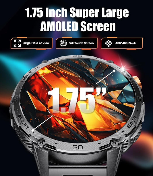 Smartwatch for Men with Bluetooth Call/LED Flashlight, 1.75" HD Amoled Fitness Tracker with 30 Days Battery/120+ Sports Modes, IP68 Waterproof Military Smart Watch for Android iOS, Black
