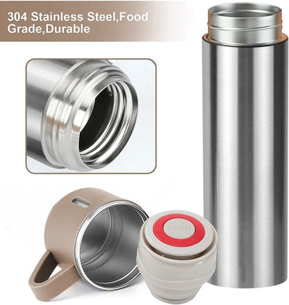 Coffee Thermos Stainless Steel Vacuum-Insulated Water Bottle, 500ml/16.9oz Insulated Bottle with Cup for Hot & Cold Drink Travel Mug (Brown, Three Cup)