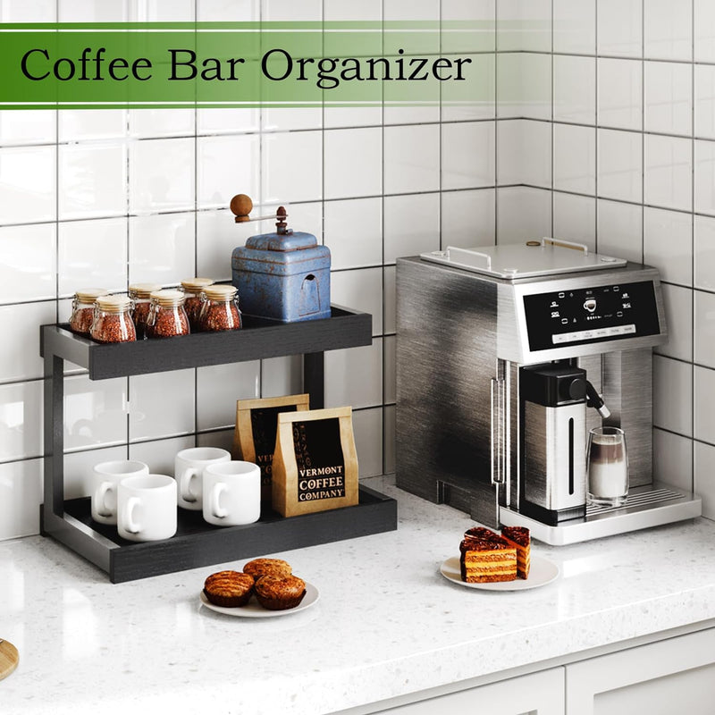 2 Tier Spice Rack Organizer for Countertop, 15.8''L Coffee Station/Bathroom Organizer Countertop, Counter Shelf Desktop Storage Organizer for Kitchen, Bedroom, Office (Black)