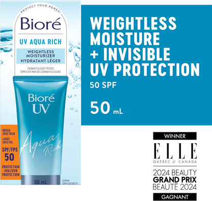 Bioré UV Aqua Rich Weightless Moisturizer with SPF 50 | Dermatologist Tested Face Cream with Invisible UV Protection | 50mL | Made in Canada