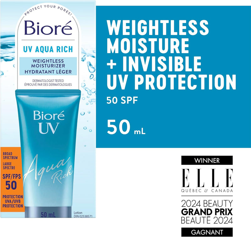 Bioré UV Aqua Rich Weightless Moisturizer with SPF 50 | Dermatologist Tested Face Cream with Invisible UV Protection | 50mL | Made in Canada