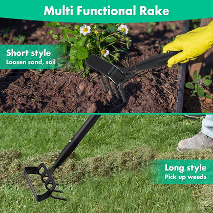 Stirrup Hoe and Cultivator for Weeding, 2 in 1 Heavy Duty Action Hoe with 63 Inch Adjustable Handle Scuffle Garden Hula Hoe with Rake, Metal Weeding Loop Stirrup Hoe for Weed Puller Loosening Soil