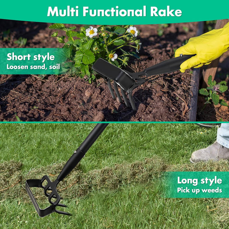 Stirrup Hoe and Cultivator for Weeding, 2 in 1 Heavy Duty Action Hoe with 63 Inch Adjustable Handle Scuffle Garden Hula Hoe with Rake, Metal Weeding Loop Stirrup Hoe for Weed Puller Loosening Soil