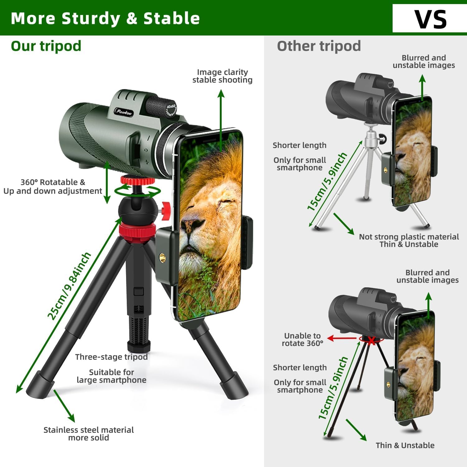 40X60 Monocular Telescope for Adults with Tripod & Smartphone Adapter, High Power Low-Light Night Vision Monocular with BAK4 Prism for Bird Watching, Camping, Concerts, and Travel - PuriLite