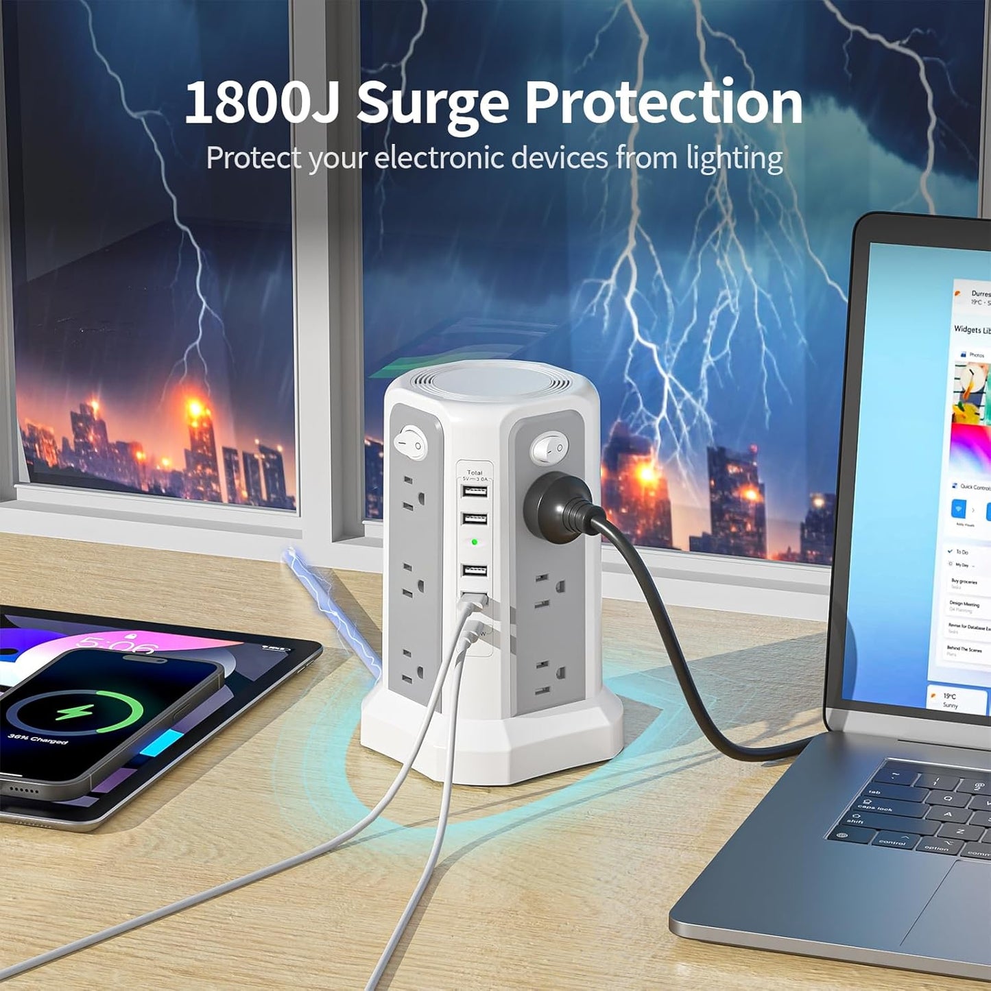 Surge Protector Tower Power Bar with USB C 18W Fast Charging Port, 10FT Extension Cord with 12 AC Outlets, and 5 USB Charging Ports, Power Bars Tower Surge Protection for Home Office DormRoom