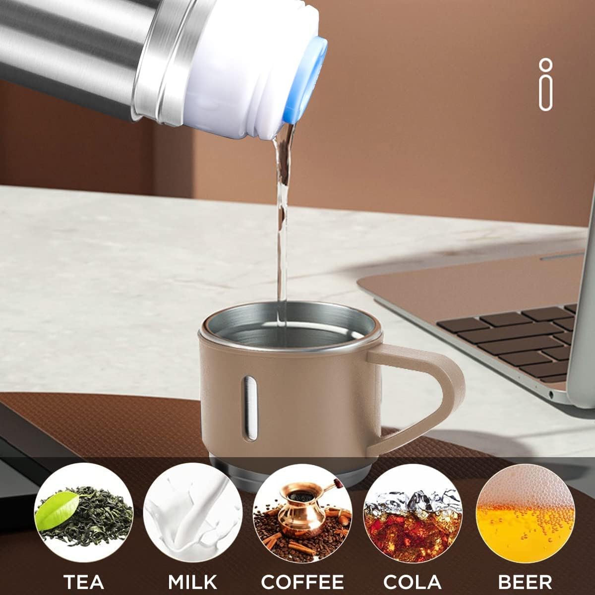 Coffee Thermos Stainless Steel Vacuum-Insulated Water Bottle, 500ml/16.9oz Insulated Bottle with Cup for Hot & Cold Drink Travel Mug (Brown, Three Cup)