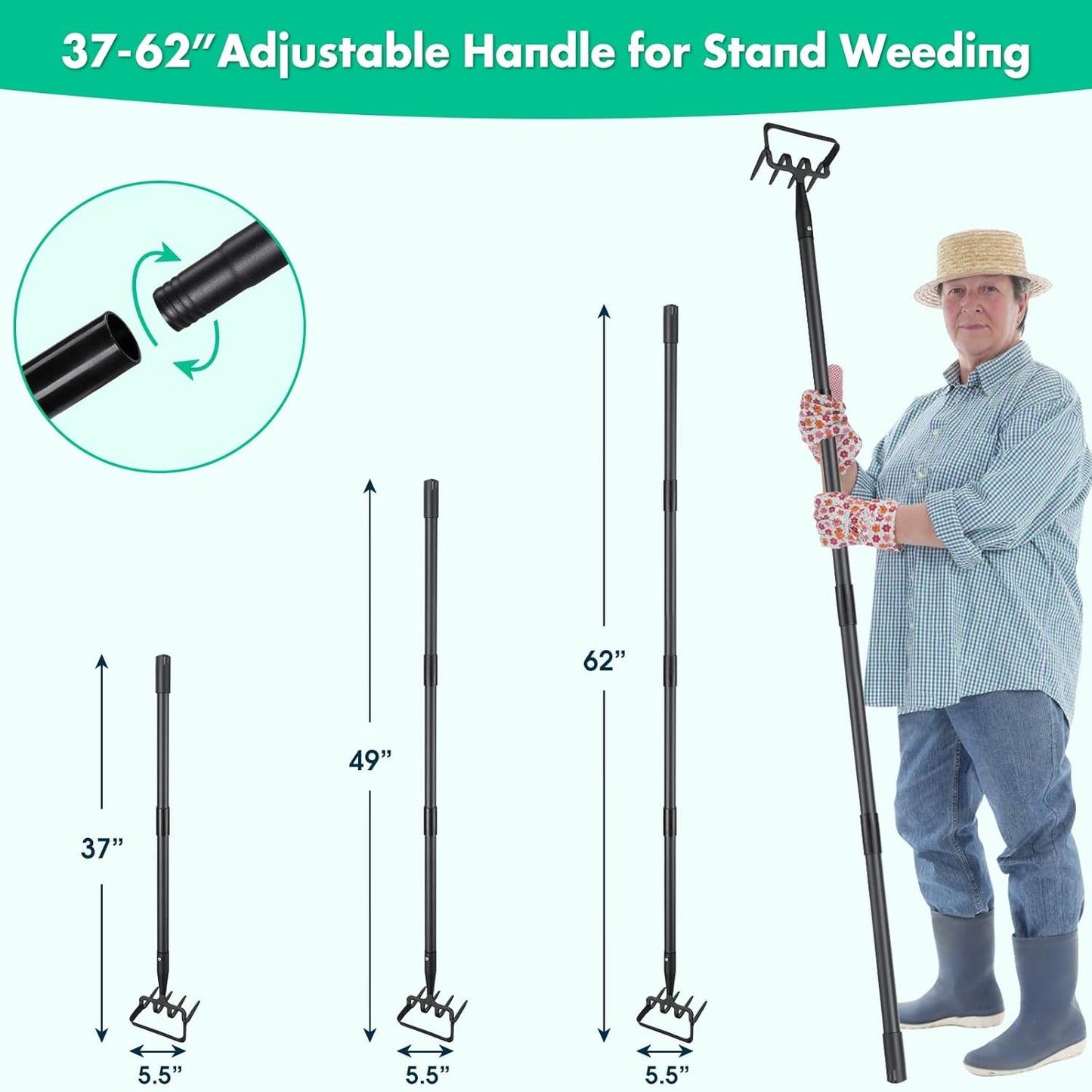 Stirrup Hoe and Cultivator for Weeding, 2 in 1 Heavy Duty Action Hoe with 63 Inch Adjustable Handle Scuffle Garden Hula Hoe with Rake, Metal Weeding Loop Stirrup Hoe for Weed Puller Loosening Soil