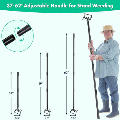 Stirrup Hoe and Cultivator for Weeding, 2 in 1 Heavy Duty Action Hoe with 63 Inch Adjustable Handle Scuffle Garden Hula Hoe with Rake, Metal Weeding Loop Stirrup Hoe for Weed Puller Loosening Soil