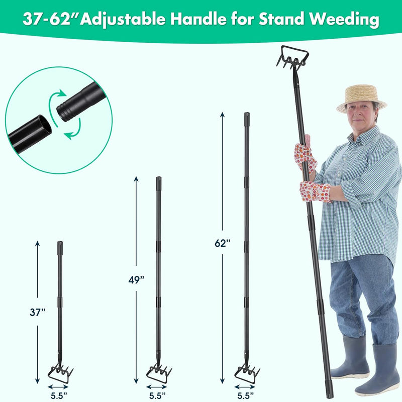 Stirrup Hoe and Cultivator for Weeding, 2 in 1 Heavy Duty Action Hoe with 63 Inch Adjustable Handle Scuffle Garden Hula Hoe with Rake, Metal Weeding Loop Stirrup Hoe for Weed Puller Loosening Soil