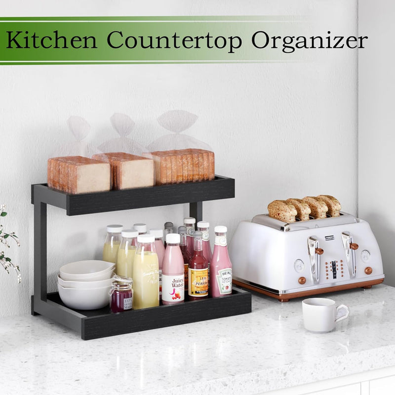 2 Tier Spice Rack Organizer for Countertop, 15.8''L Coffee Station/Bathroom Organizer Countertop, Counter Shelf Desktop Storage Organizer for Kitchen, Bedroom, Office (Black)