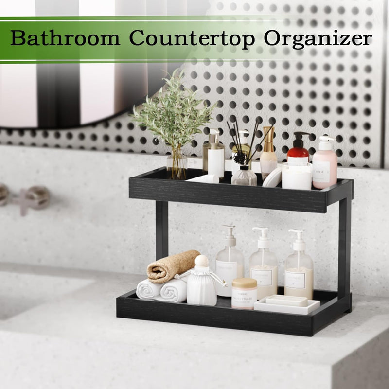 2 Tier Spice Rack Organizer for Countertop, 15.8''L Coffee Station/Bathroom Organizer Countertop, Counter Shelf Desktop Storage Organizer for Kitchen, Bedroom, Office (Black)