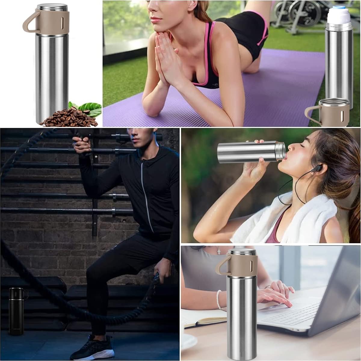 Coffee Thermos Stainless Steel Vacuum-Insulated Water Bottle, 500ml/16.9oz Insulated Bottle with Cup for Hot & Cold Drink Travel Mug (Brown, Three Cup)