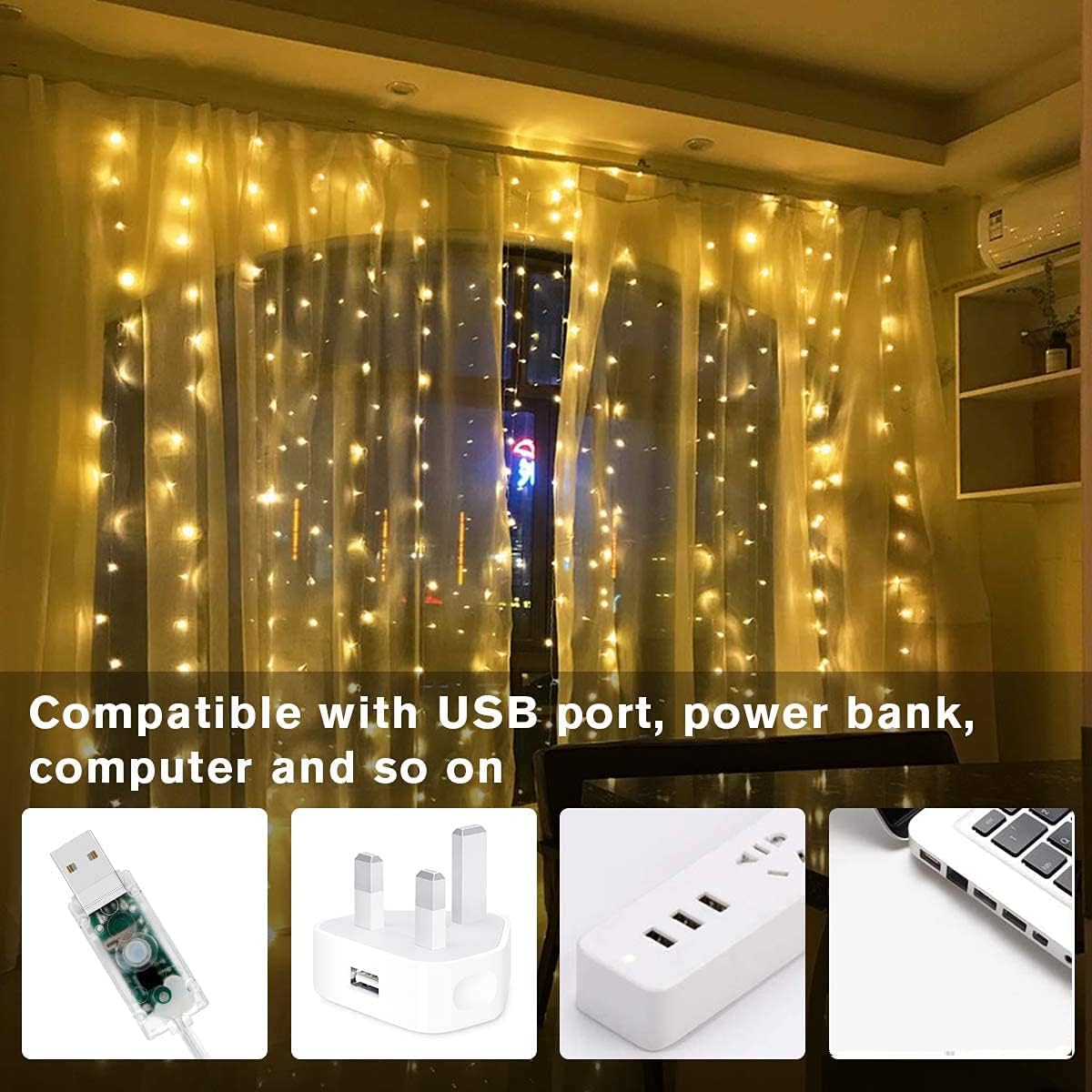 Unihoh Curtain Lights, Fairy Lights for Bedroom, 300 LEDs Warm White Twinkle Lights W/ 8 Modes USB Powered, Icicle String Lights W/ Remote & Timer for Indoor Xmas Party Patio Decoration(9.8 x 9.8 Ft)