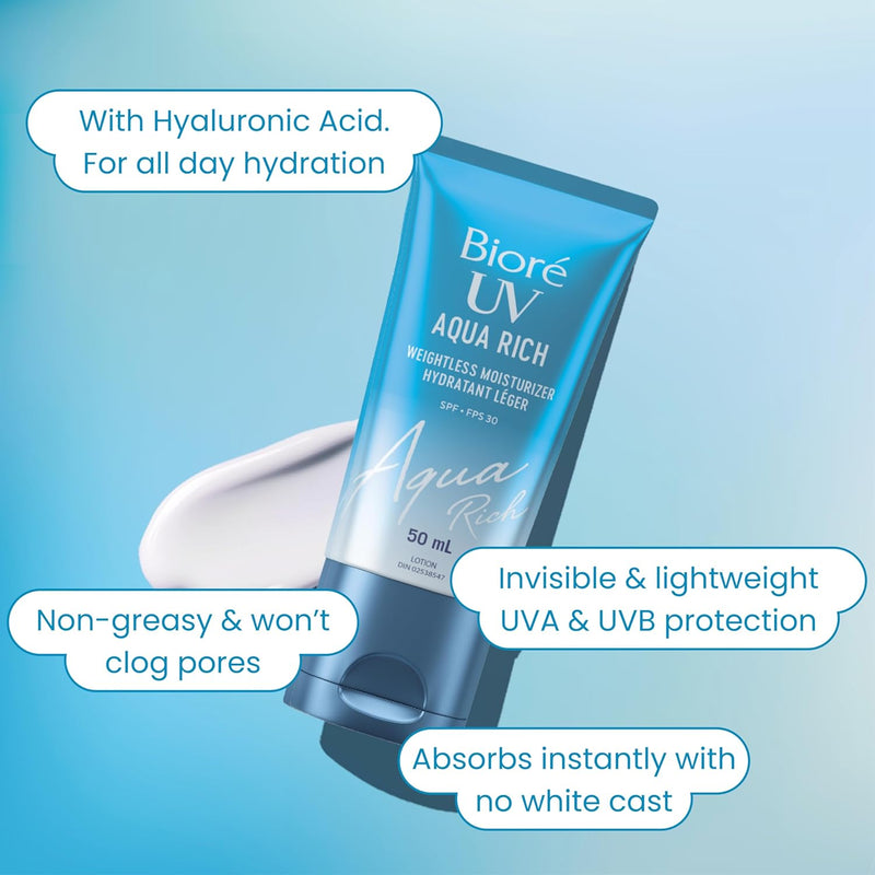 Bioré UV Aqua Rich Weightless Moisturizer with SPF 50 | Dermatologist Tested Face Cream with Invisible UV Protection | 50mL | Made in Canada