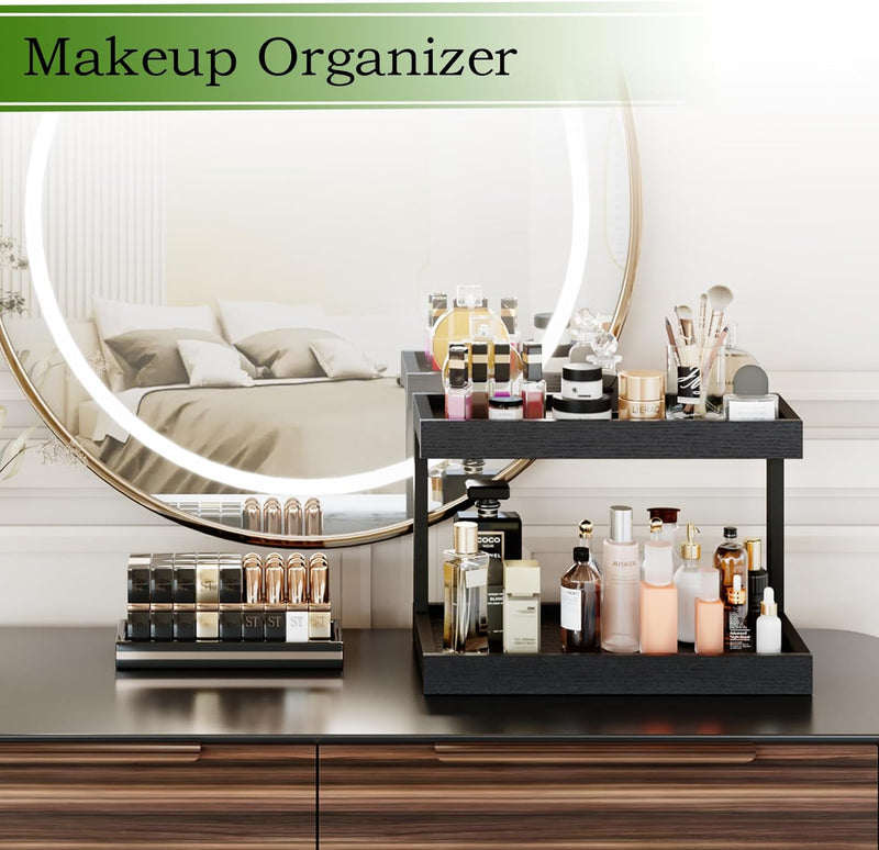 2 Tier Spice Rack Organizer for Countertop, 15.8''L Coffee Station/Bathroom Organizer Countertop, Counter Shelf Desktop Storage Organizer for Kitchen, Bedroom, Office (Black)