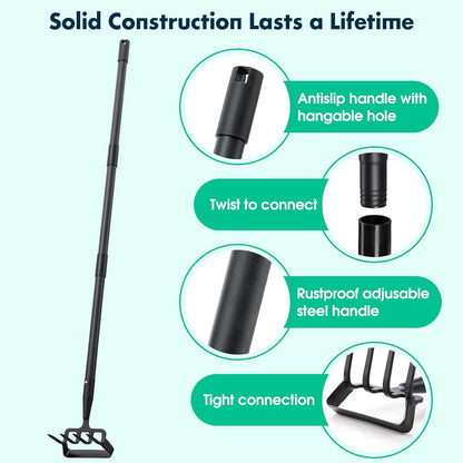 Stirrup Hoe and Cultivator for Weeding, 2 in 1 Heavy Duty Action Hoe with 63 Inch Adjustable Handle Scuffle Garden Hula Hoe with Rake, Metal Weeding Loop Stirrup Hoe for Weed Puller Loosening Soil