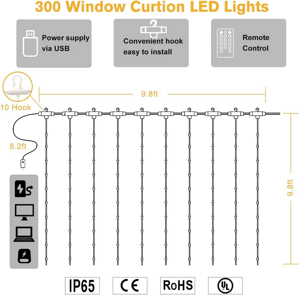 Unihoh Curtain Lights, Fairy Lights for Bedroom, 300 LEDs Warm White Twinkle Lights W/ 8 Modes USB Powered, Icicle String Lights W/ Remote & Timer for Indoor Xmas Party Patio Decoration(9.8 x 9.8 Ft)