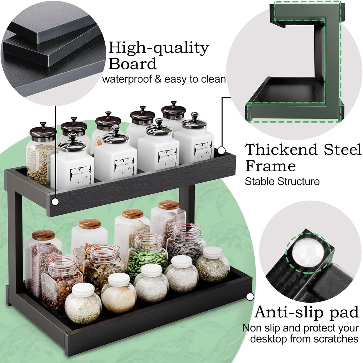 2 Tier Spice Rack Organizer for Countertop, 15.8''L Coffee Station/Bathroom Organizer Countertop, Counter Shelf Desktop Storage Organizer for Kitchen, Bedroom, Office (Black)