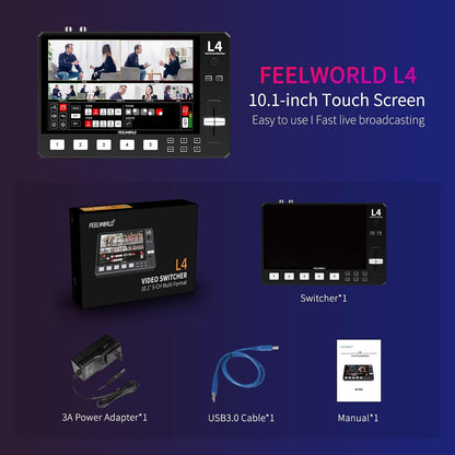 FEELWORLD L4 10.1 Inch Touch Screen Video Switcher 10.1 inch Touchscreen, Real-time Preview 5 Input Sources PST PGM and Operation Interface