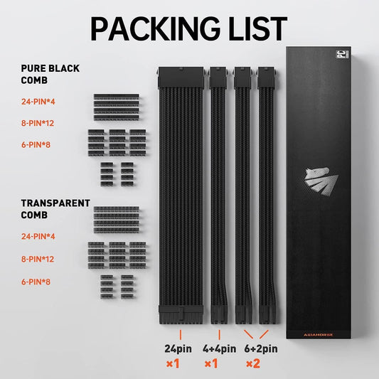 AsiaHorse 18AWG PSU Cable Extension, Custom Sleeved Cable Mod Soft Braided GPU PC Power Supply Cables Kit with Two Color Combs 24P/8P to 6+2P/ 8P to 4+4P 30CM (Black)