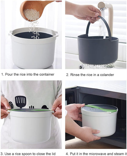 Microwave Rice Cooker, 2L Capacity Food Grade PP Microwave Rice Cooker Steamer with Spoon, Lid and Strainer, Non Stick Steaming Pot Microwave Rice Maker for Home Meal Prep Cooker