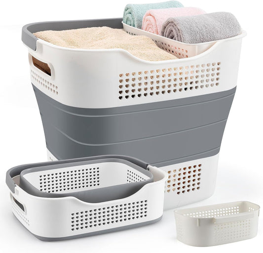 NINU Plastic Laundry Basket Set, Collapsible Storage Laundry Hamper - Foldable Laundry Basket for Washing & Storage 43L (grey)