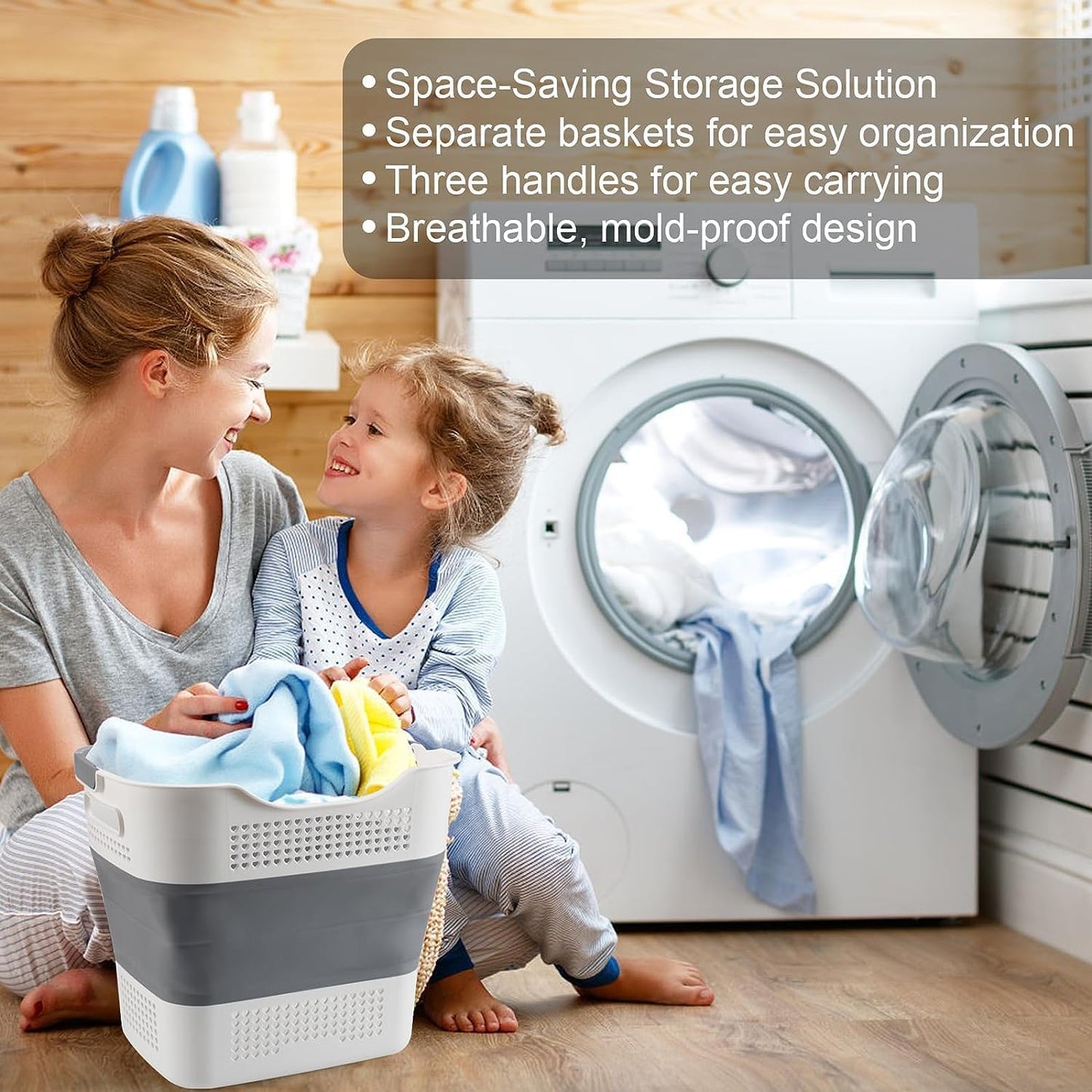 NINU Plastic Laundry Basket Set, Collapsible Storage Laundry Hamper - Foldable Laundry Basket for Washing & Storage 43L (grey)