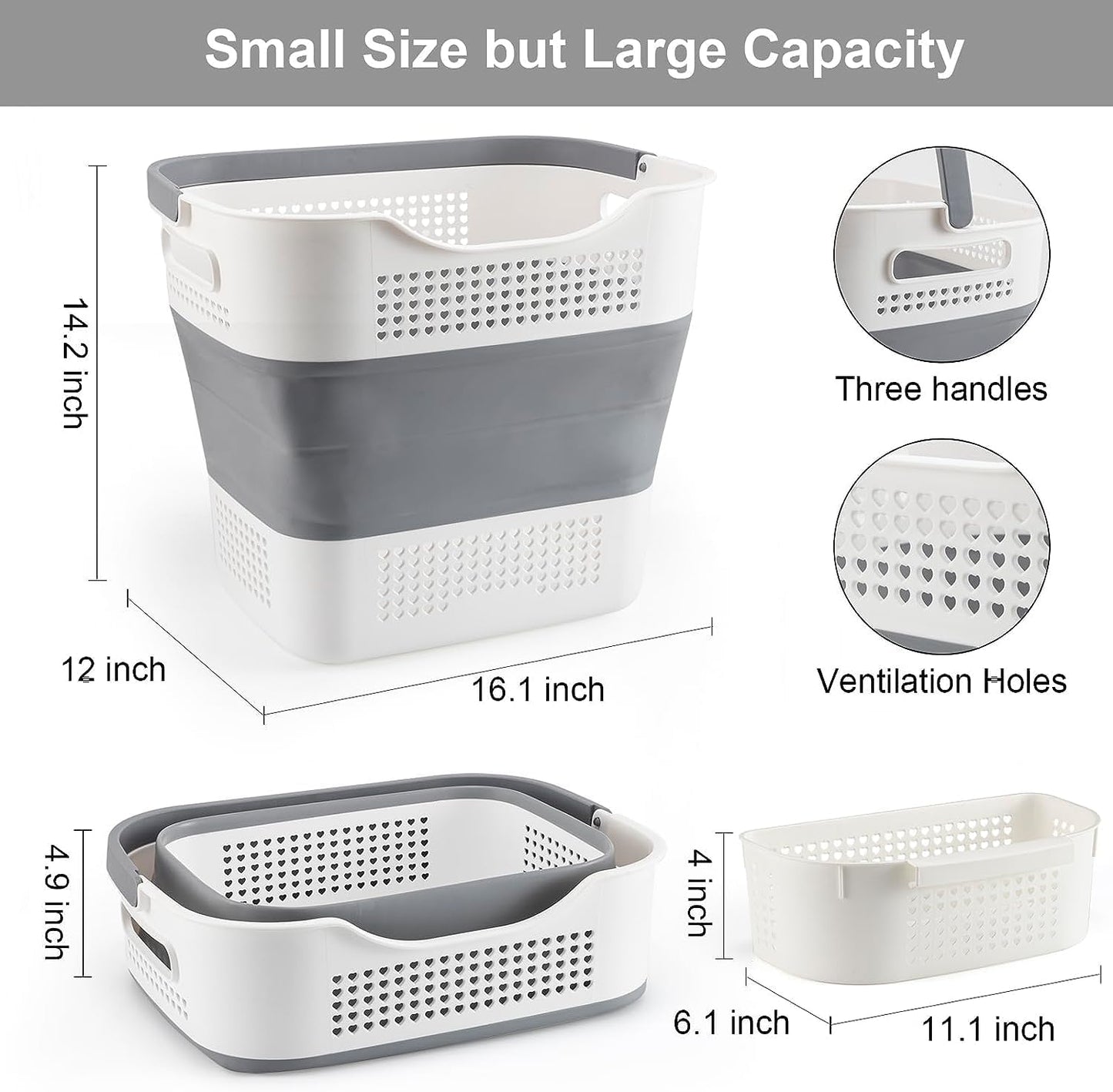 NINU Plastic Laundry Basket Set, Collapsible Storage Laundry Hamper - Foldable Laundry Basket for Washing & Storage 43L (grey)