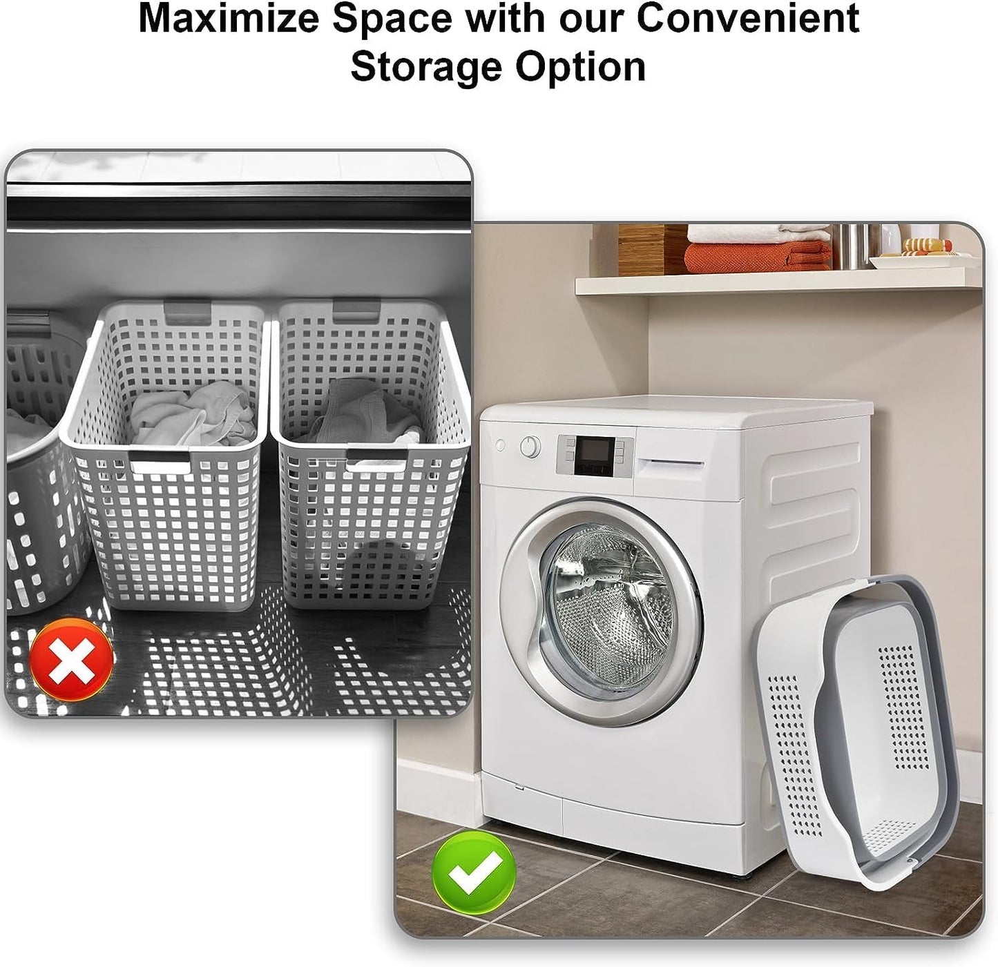 NINU Plastic Laundry Basket Set, Collapsible Storage Laundry Hamper - Foldable Laundry Basket for Washing & Storage 43L (grey)