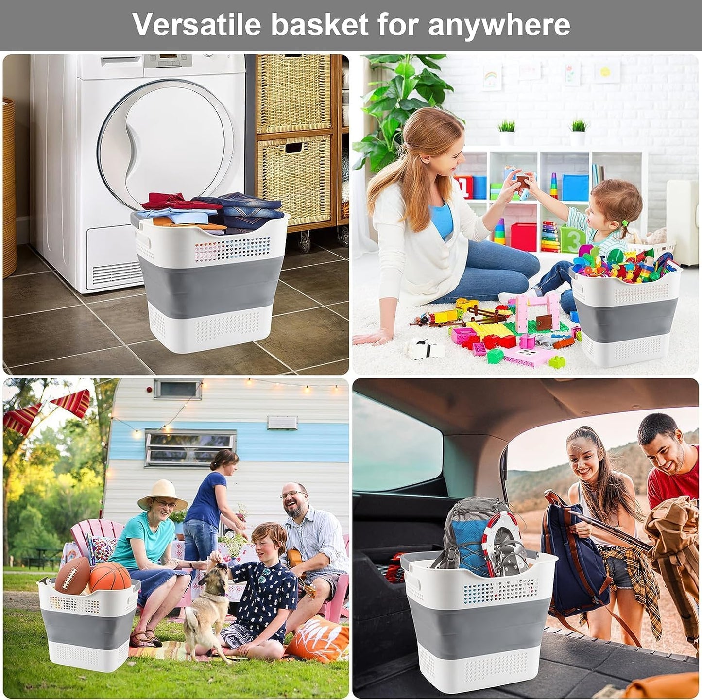 NINU Plastic Laundry Basket Set, Collapsible Storage Laundry Hamper - Foldable Laundry Basket for Washing & Storage 43L (grey)