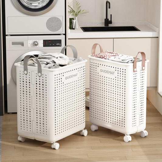 GUDEMAY 2-Pack Laundry Basket with Wheels, 40L & 55L Set, Foldable Plastic Corner Laundry Hamper with Handles for Dirty Clothing, Toys, Sports Gear, and Garden Tools - White