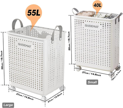 GUDEMAY 2-Pack Laundry Basket with Wheels, 40L & 55L Set, Foldable Plastic Corner Laundry Hamper with Handles for Dirty Clothing, Toys, Sports Gear, and Garden Tools - White