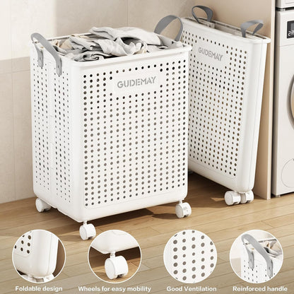 GUDEMAY 2-Pack Laundry Basket with Wheels, 40L & 55L Set, Foldable Plastic Corner Laundry Hamper with Handles for Dirty Clothing, Toys, Sports Gear, and Garden Tools - White