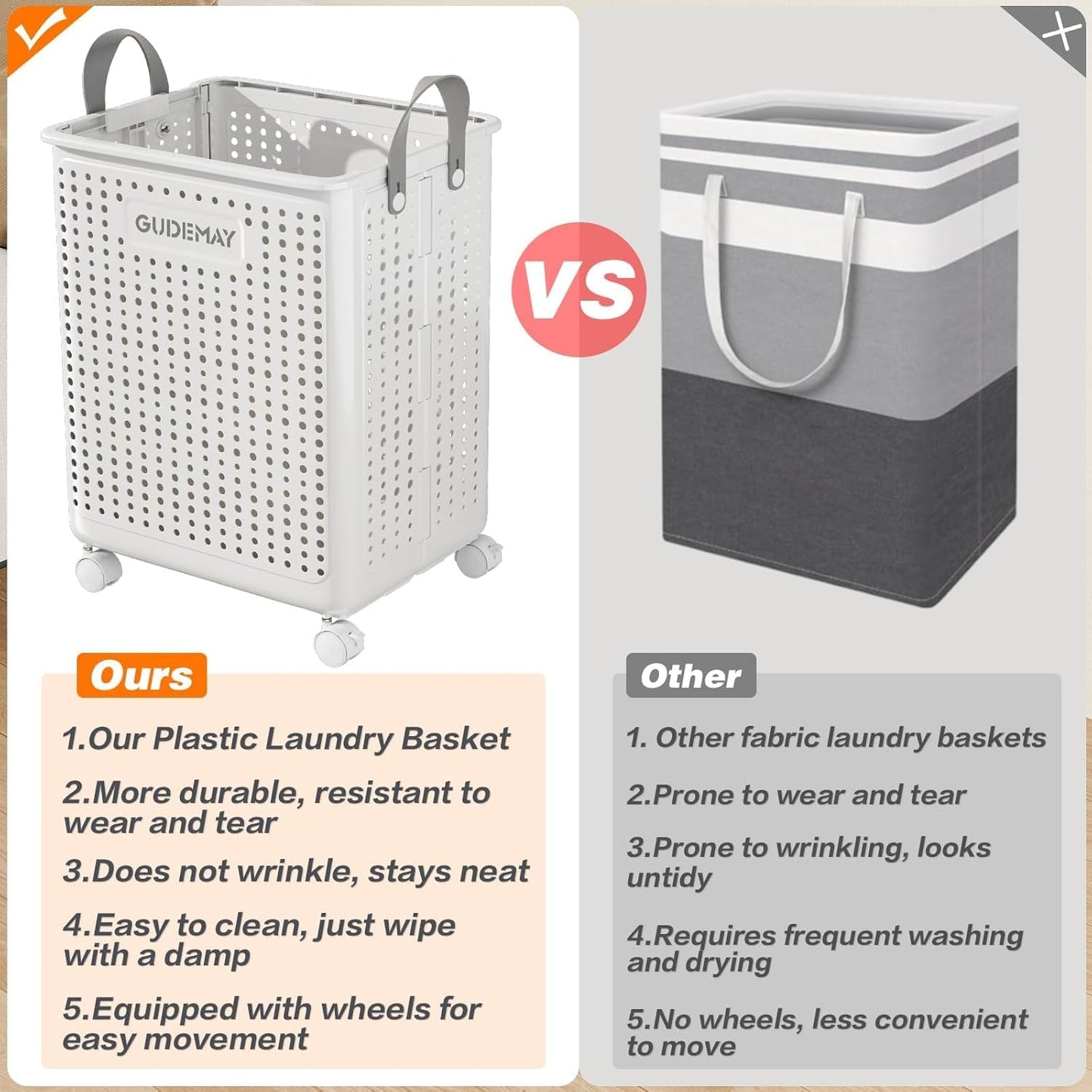 GUDEMAY 2-Pack Laundry Basket with Wheels, 40L & 55L Set, Foldable Plastic Corner Laundry Hamper with Handles for Dirty Clothing, Toys, Sports Gear, and Garden Tools - White