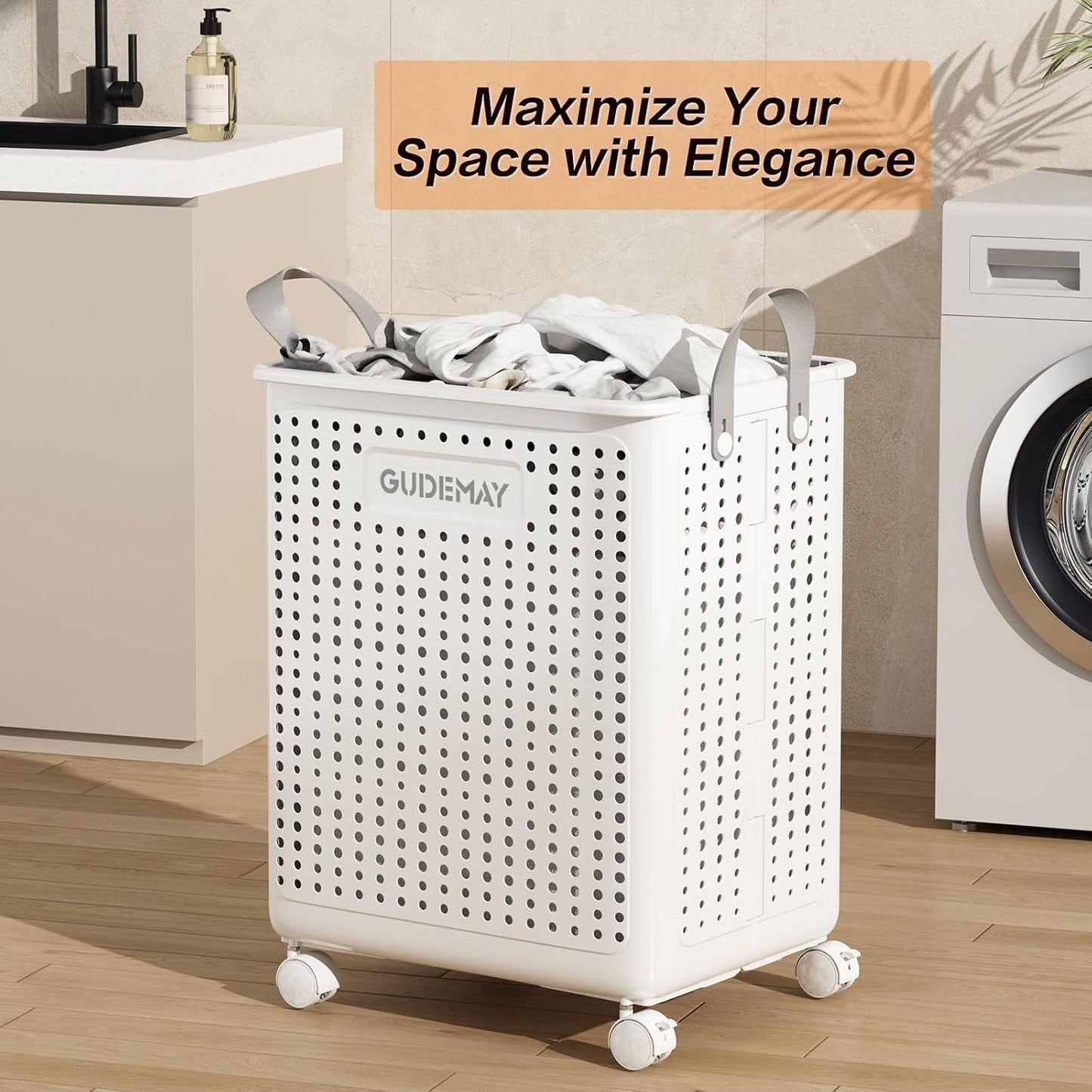 GUDEMAY 2-Pack Laundry Basket with Wheels, 40L & 55L Set, Foldable Plastic Corner Laundry Hamper with Handles for Dirty Clothing, Toys, Sports Gear, and Garden Tools - White