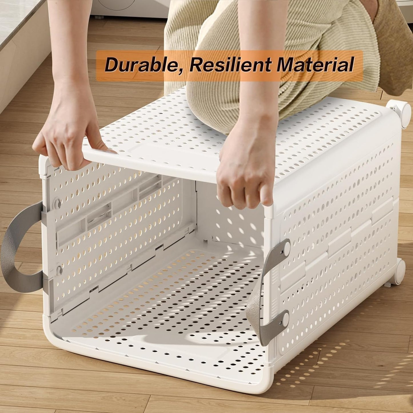 GUDEMAY 2-Pack Laundry Basket with Wheels, 40L & 55L Set, Foldable Plastic Corner Laundry Hamper with Handles for Dirty Clothing, Toys, Sports Gear, and Garden Tools - White