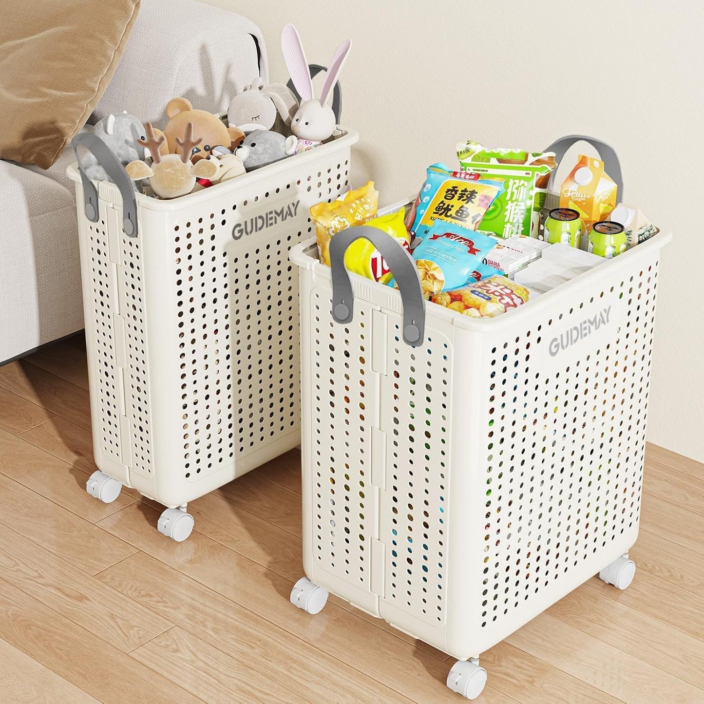 GUDEMAY 2-Pack Laundry Basket with Wheels, 40L & 55L Set, Foldable Plastic Corner Laundry Hamper with Handles for Dirty Clothing, Toys, Sports Gear, and Garden Tools - White
