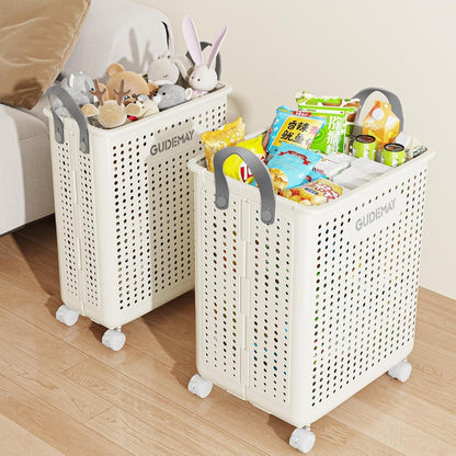GUDEMAY 2-Pack Laundry Basket with Wheels, 40L & 55L Set, Foldable Plastic Corner Laundry Hamper with Handles for Dirty Clothing, Toys, Sports Gear, and Garden Tools - White