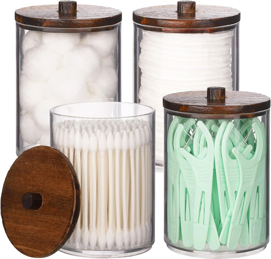 Tbestmax 4 Pack Qtip Holder Bathroom Set, 10 oz Restroom Bathroom Organizers and Storage Containers, Clear Plastic Apothecary Jars with Wood Lids for Cotton Ball, Cotton Swab, Floss