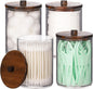 Tbestmax 4 Pack Qtip Holder Bathroom Set, 10 oz Restroom Bathroom Organizers and Storage Containers, Clear Plastic Apothecary Jars with Wood Lids for Cotton Ball, Cotton Swab, Floss