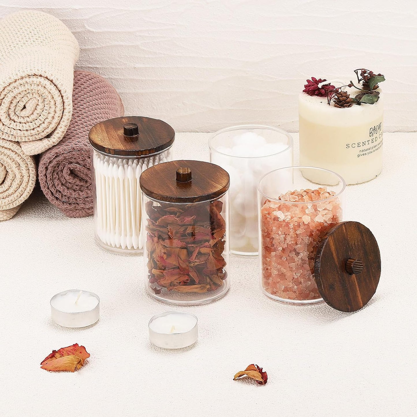 Tbestmax 4 Pack Qtip Holder Bathroom Set, 10 oz Restroom Bathroom Organizers and Storage Containers, Clear Plastic Apothecary Jars with Wood Lids for Cotton Ball, Cotton Swab, Floss