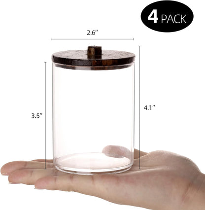 Tbestmax 4 Pack Qtip Holder Bathroom Set, 10 oz Restroom Bathroom Organizers and Storage Containers, Clear Plastic Apothecary Jars with Wood Lids for Cotton Ball, Cotton Swab, Floss