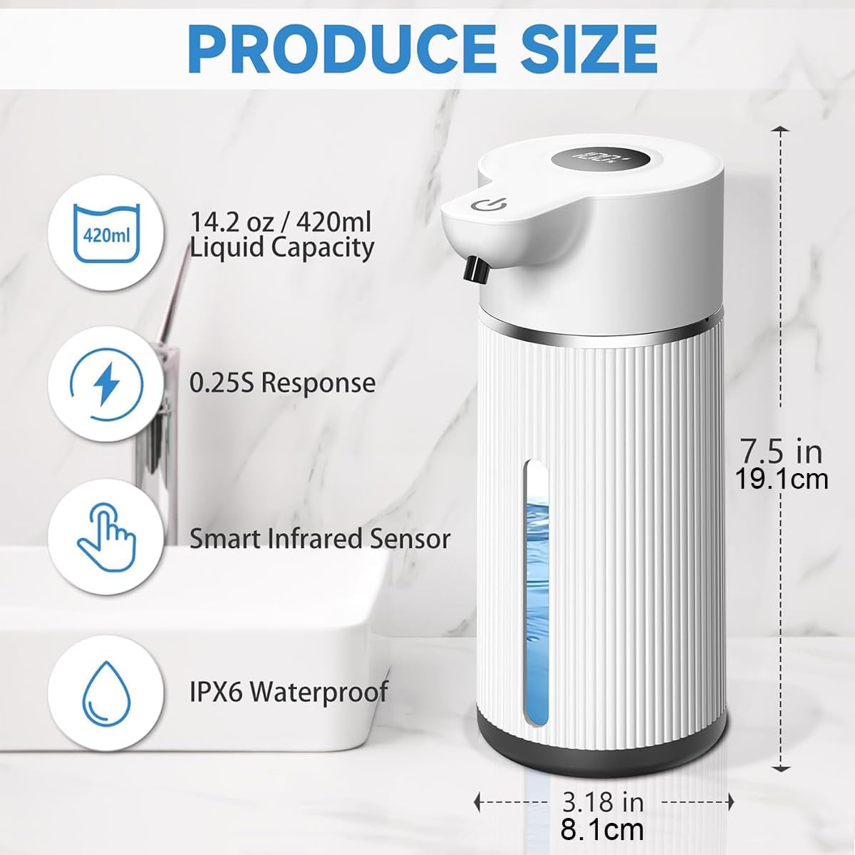 Liquid Automatic Soap Dispenser Wall Mount, Touchless Soap Dispenser with Display Screen, 420ml 4 Levels Adjustable, Suitable for Bathroom and Kitchen (White, Liquid)