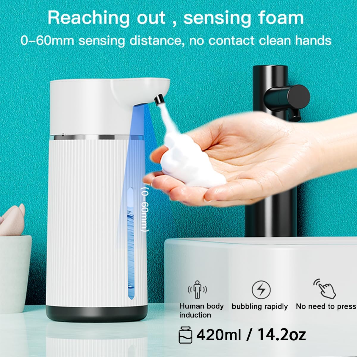 Liquid Automatic Soap Dispenser Wall Mount, Touchless Soap Dispenser with Display Screen, 420ml 4 Levels Adjustable, Suitable for Bathroom and Kitchen (White, Liquid)