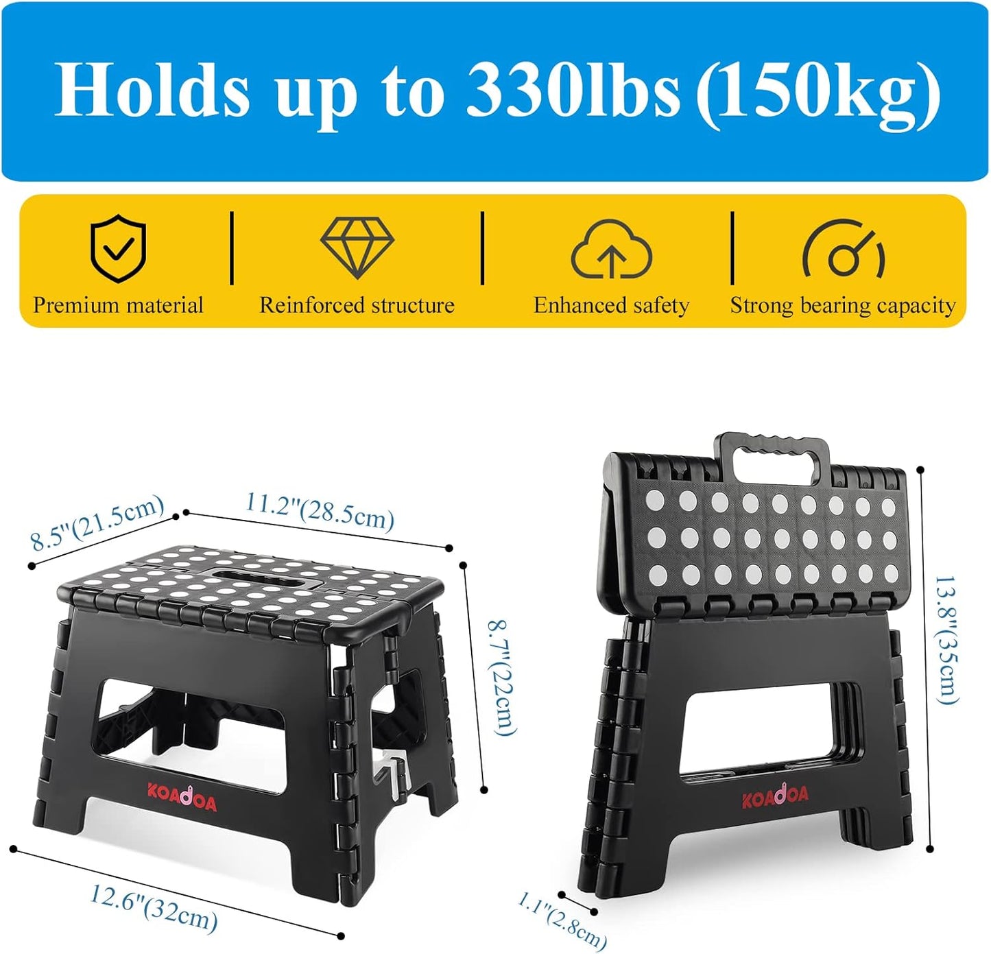 KOADOA Folding Step Stool, 9 Inch Plastic Foldable Step Stool for Kids Adults - Holds Up to 330 lbs Foot Stool with Non-Slip Surface, Carry Handle for Kitchen Bathroom Bedroom